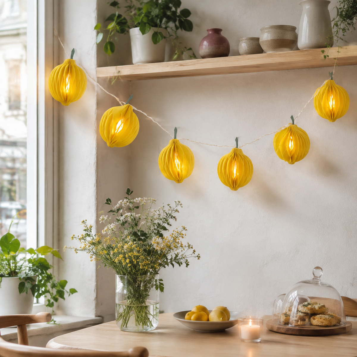 Yellow Lemon-Shaped Honeycomb Paper String Lights showing its structure