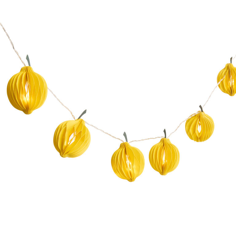 Yellow Lemon-Shaped Honeycomb Paper String Lights on a white background