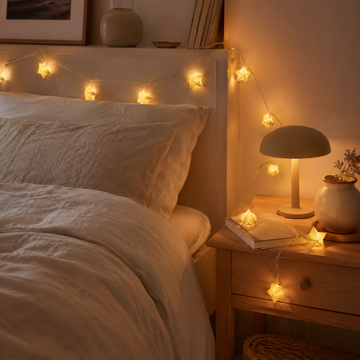 Folded Yellow Origami Paper Star String Lights for compact storage and shipping