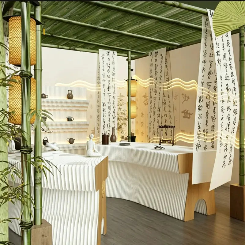 Zen-style trade show booth with bamboo structure and pleated paper display table for cultural event
