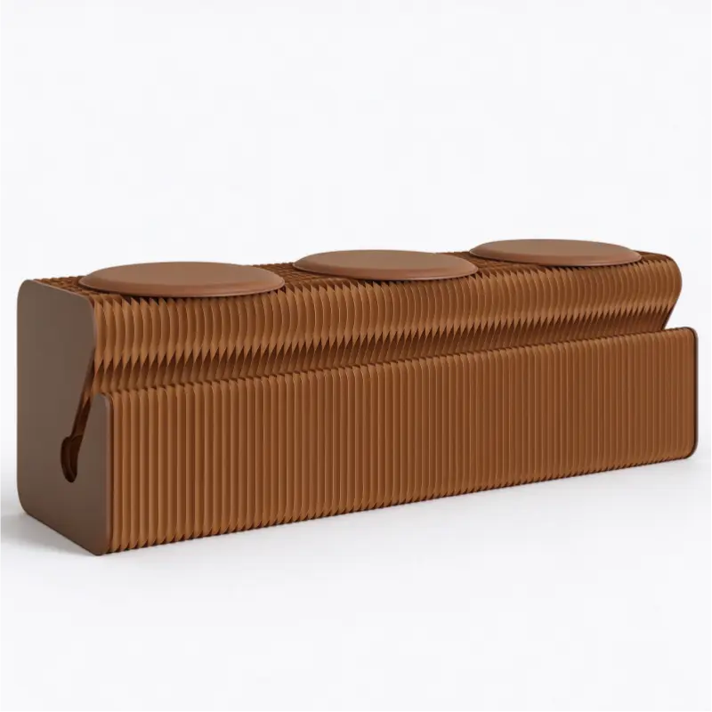 Flexible Stretchable Kraft Paper Bench with Cushions on a white background