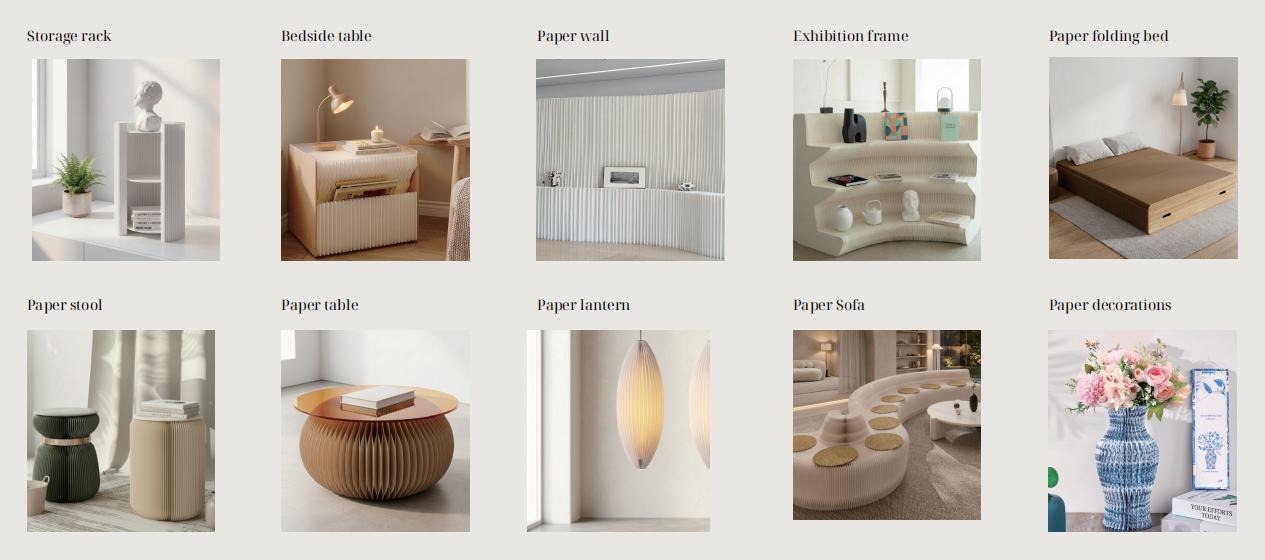 Full-category paper furniture capability – product showcase of stools, chairs and tables
