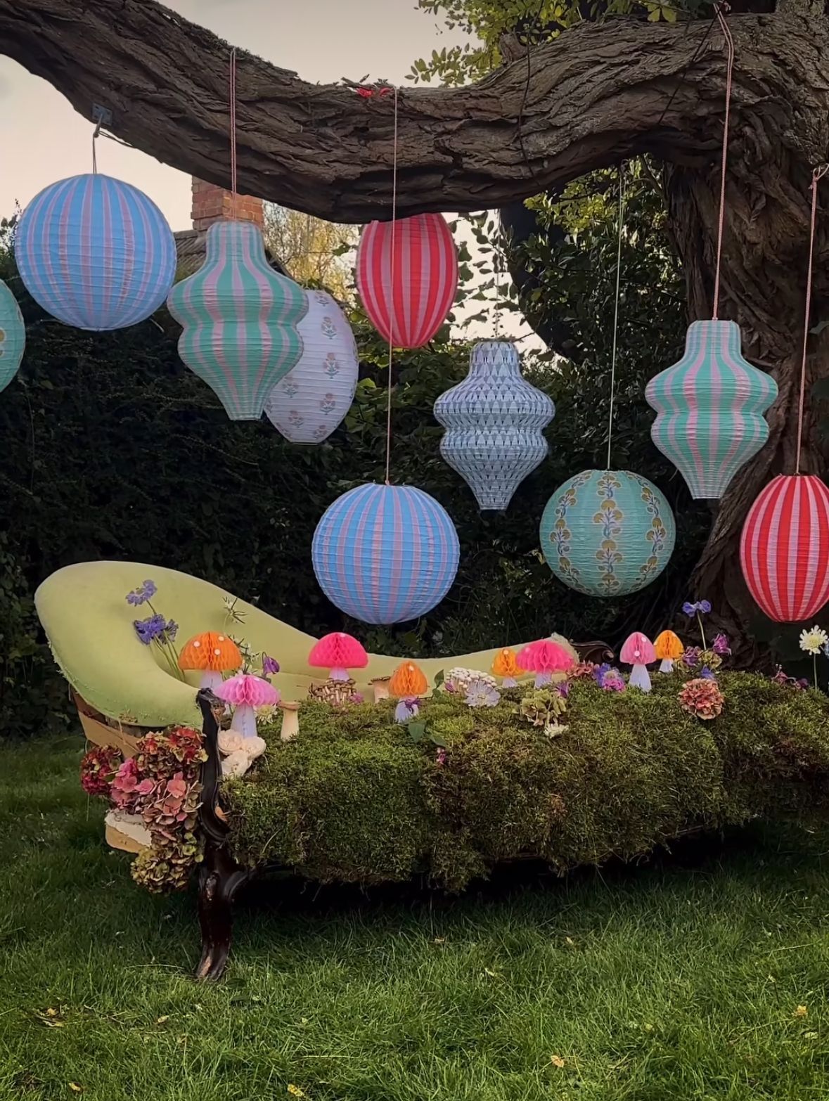 Custom rice paper lantern shapes displayed in an outdoor setting