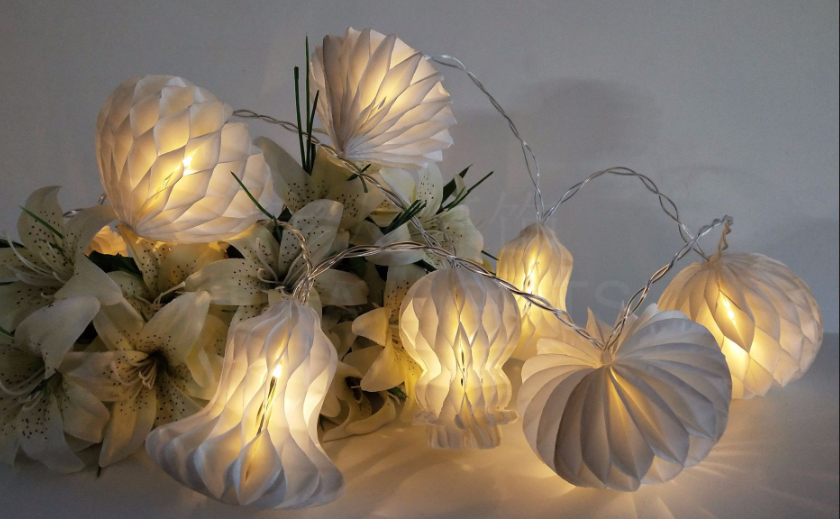 Warm white honeycomb paper string lights for decorative displays