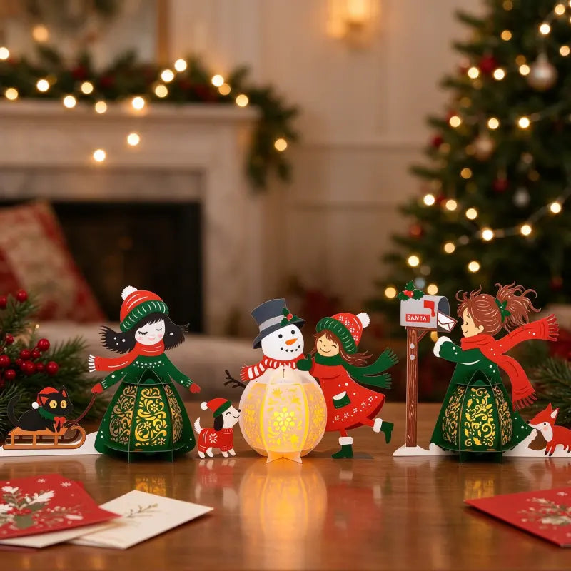 Christmas paper lantern decorations arranged as a festive tabletop display in a warm holiday interior