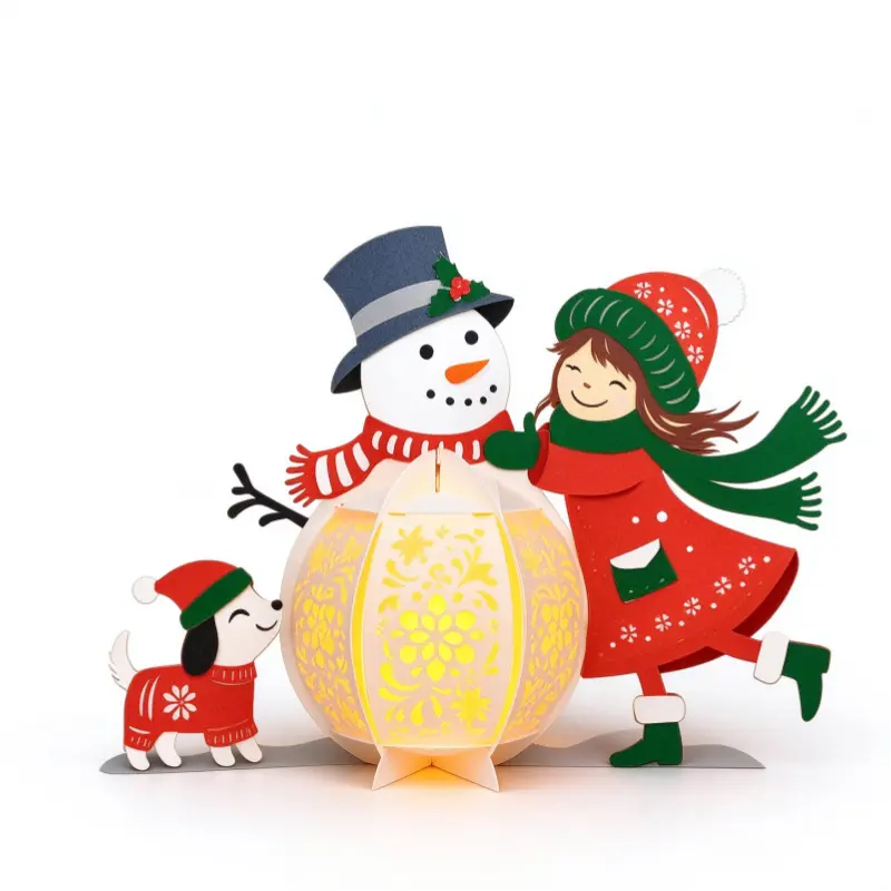 Custom Christmas snowman paper lantern centerpiece shown unlit on a white background