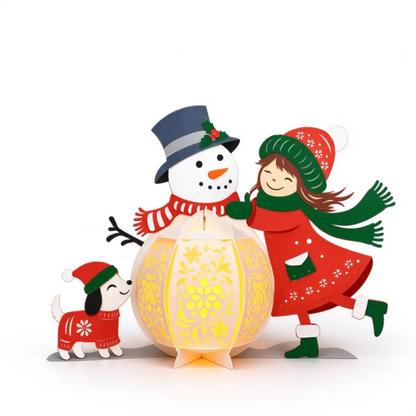Custom Christmas snowman paper lantern centerpiece shown unlit on a white background
