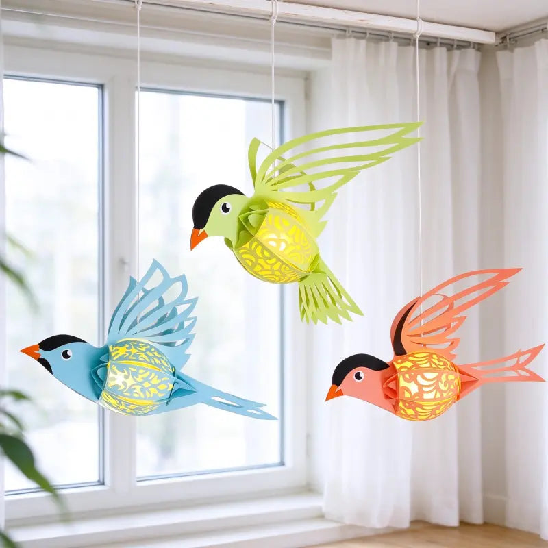 Custom paper bird hanging lantern collection in green, blue and coral colors on a white background