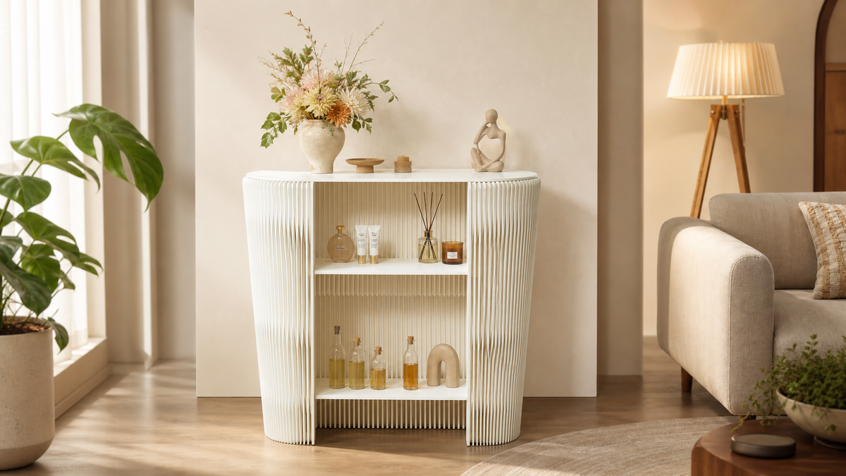 Shelving structure and load-path development – white paper display unit with plants and decor