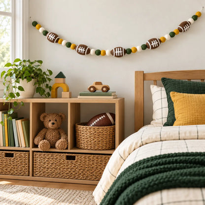 Felt American Football Garland with Pom-Pom Balls in a modern living room
