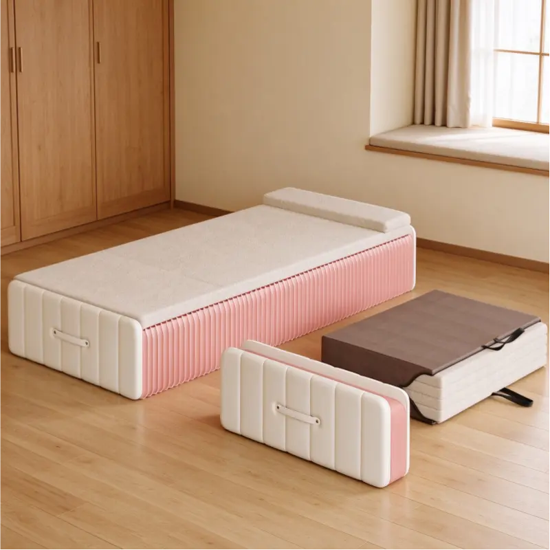 Foldable honeycomb paper guest bed shown open and compressed for compact bedroom storage
