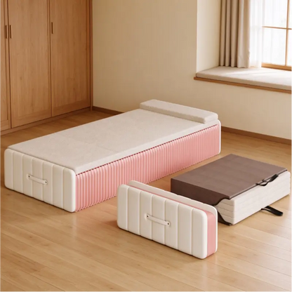 Foldable honeycomb paper guest bed shown open and compressed for compact bedroom storage