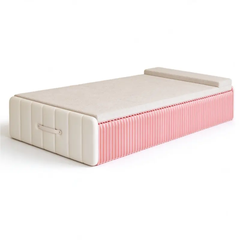 Folded honeycomb paper guest bed with carrying handles and compact suitcase-style storage
