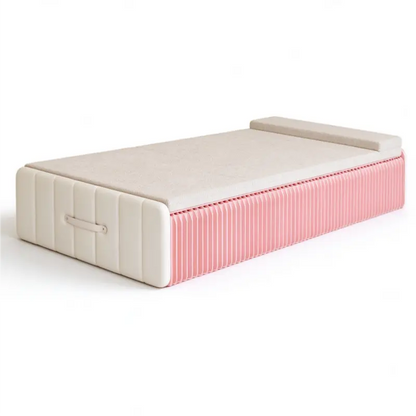 Folded honeycomb paper guest bed with carrying handles and compact suitcase-style storage