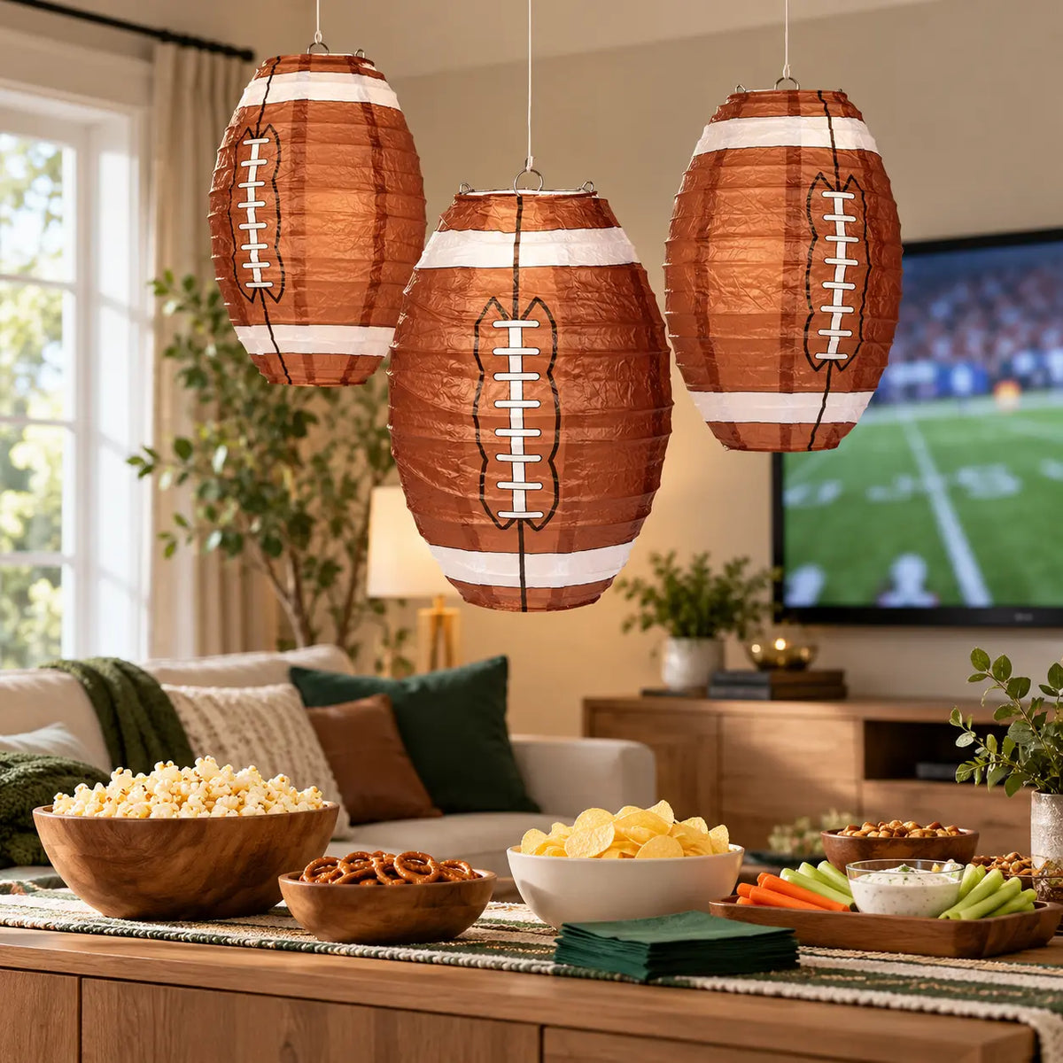 Folded American Football-Shaped Paper Lantern for compact storage and shipping