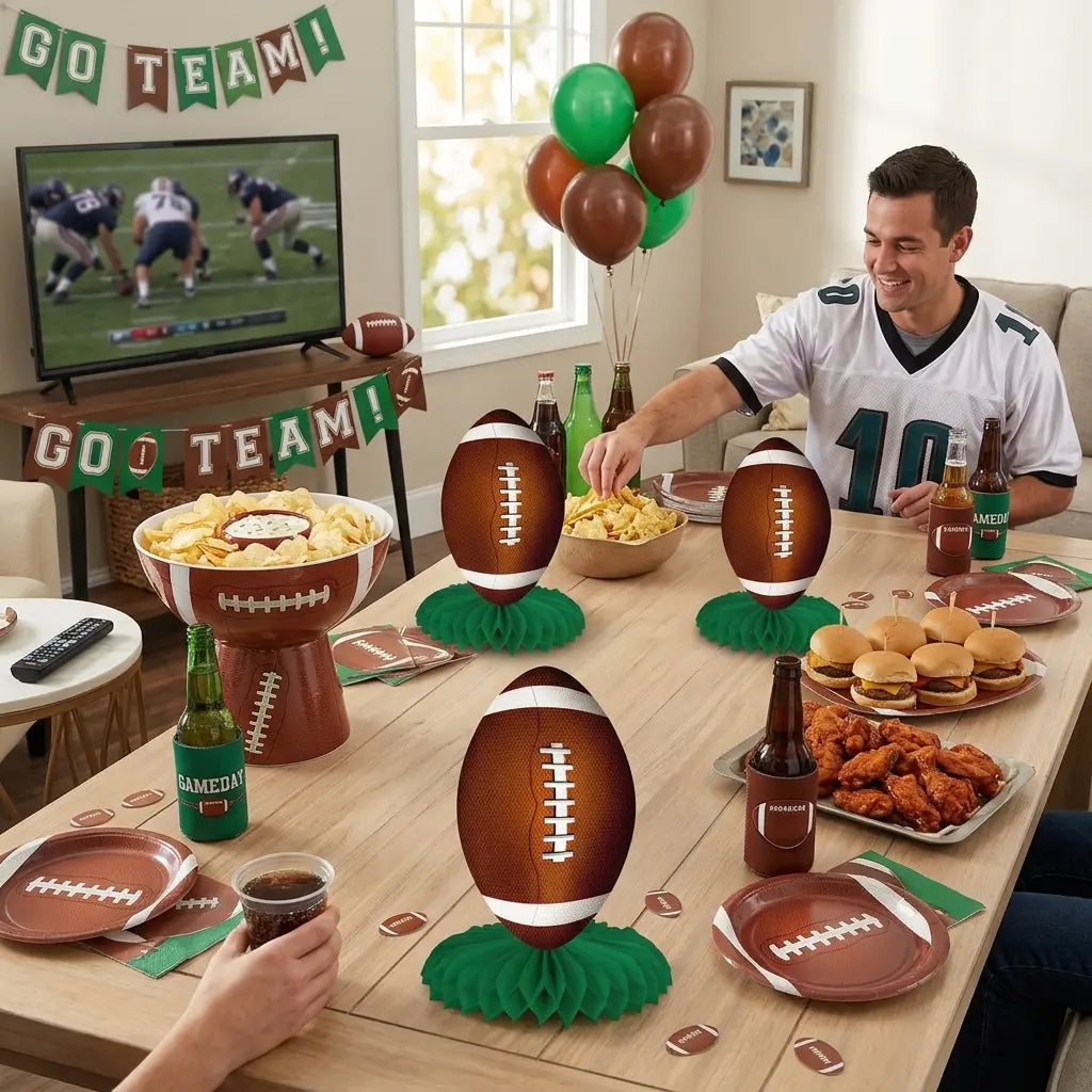 Folded American Football Honeycomb Table Centerpieces 6 Pack for compact storage and shipping