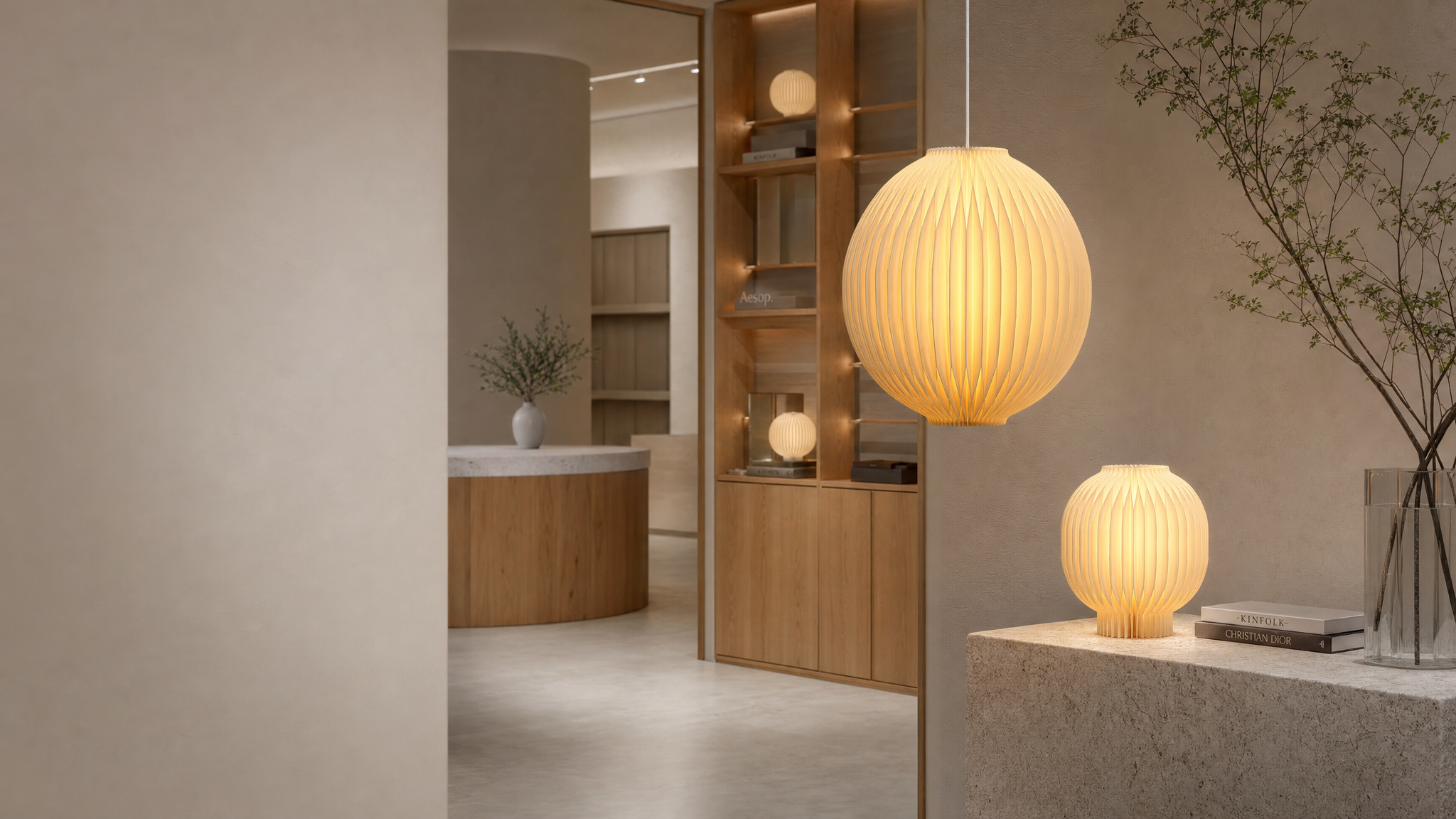 Custom honeycomb lampshades for lighting brands – glowing paper pendant and table lamps in modern interior with warm ambient light