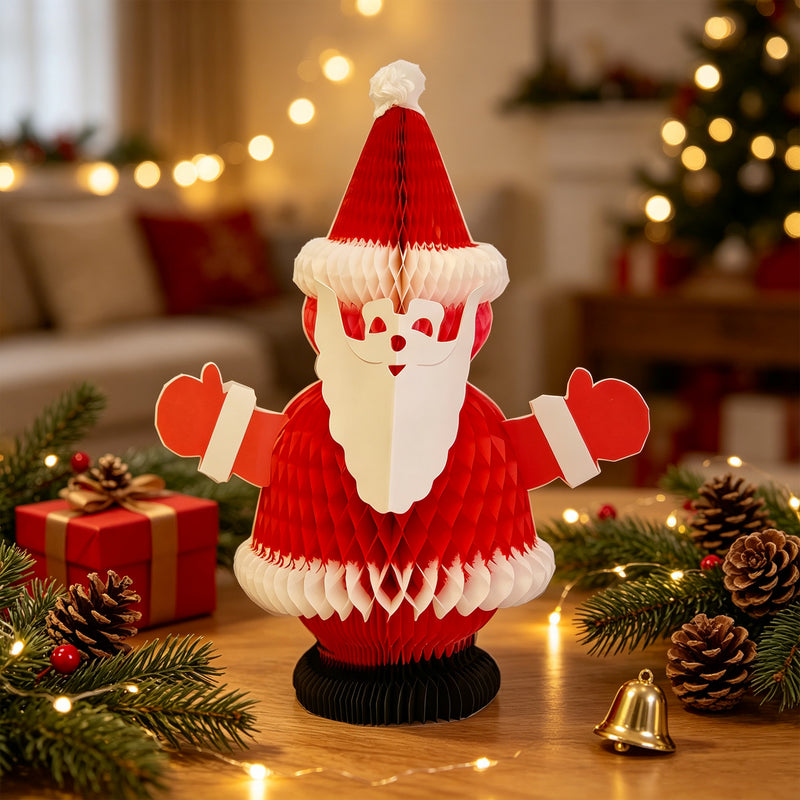Honeycomb paper Santa Claus tabletop centerpiece in a festive Christmas setting