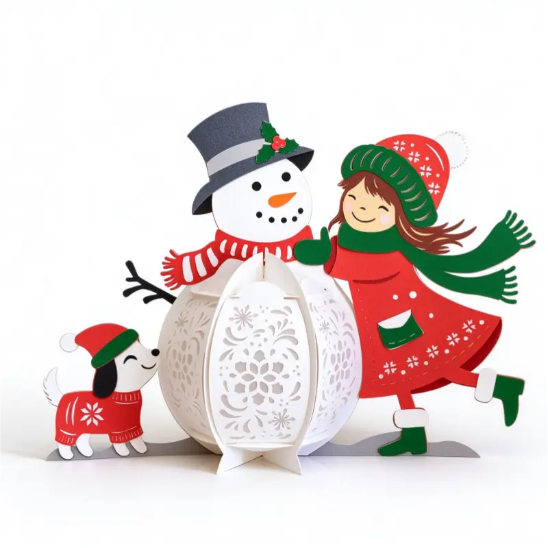 Illuminated Christmas snowman paper lantern decoration with winter girl and festive dog