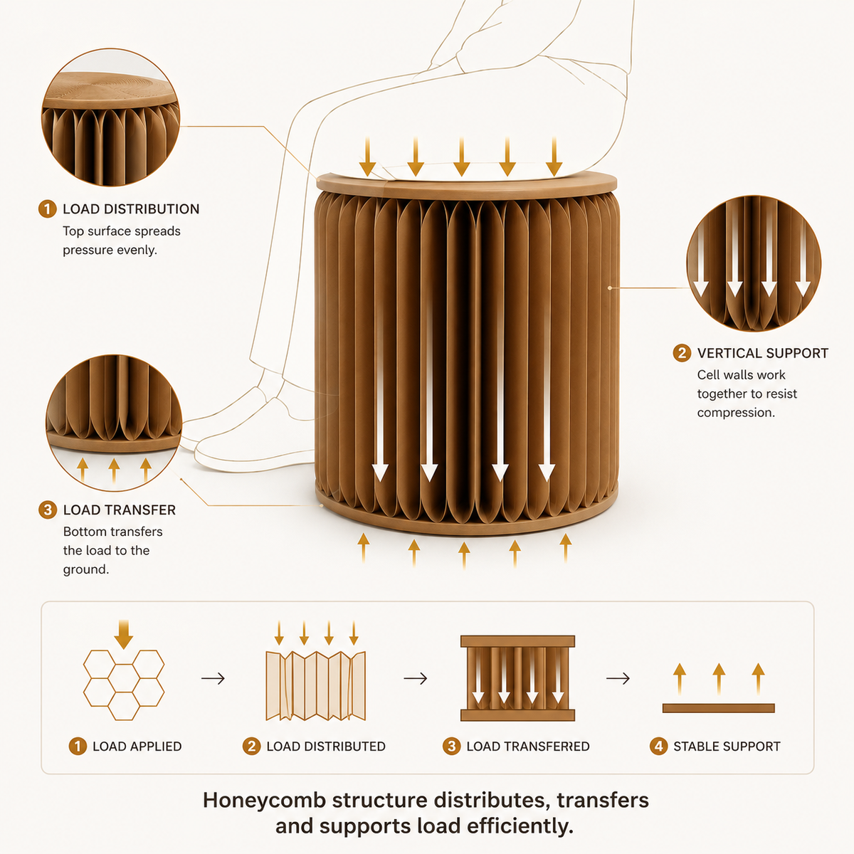 Paper furniture load capacity diagram showing expandable honeycomb structure distributing pressure across vertical paper walls for stable support up to 150kg and 300kg