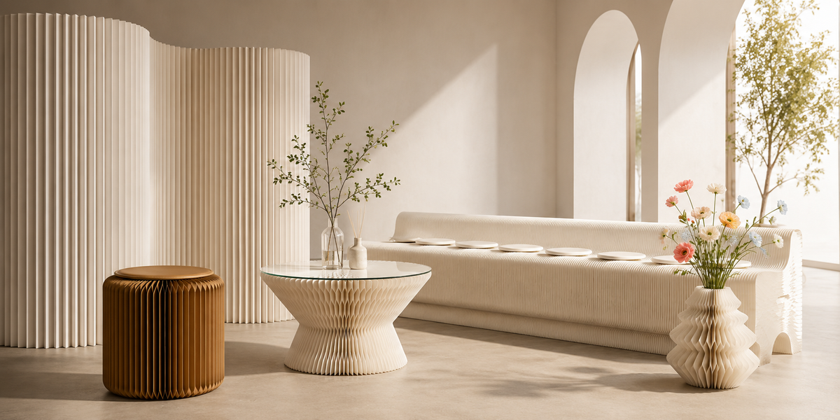 Modern commercial interior showcasing foldable brown and white honeycomb paper furniture stools, tables and seating