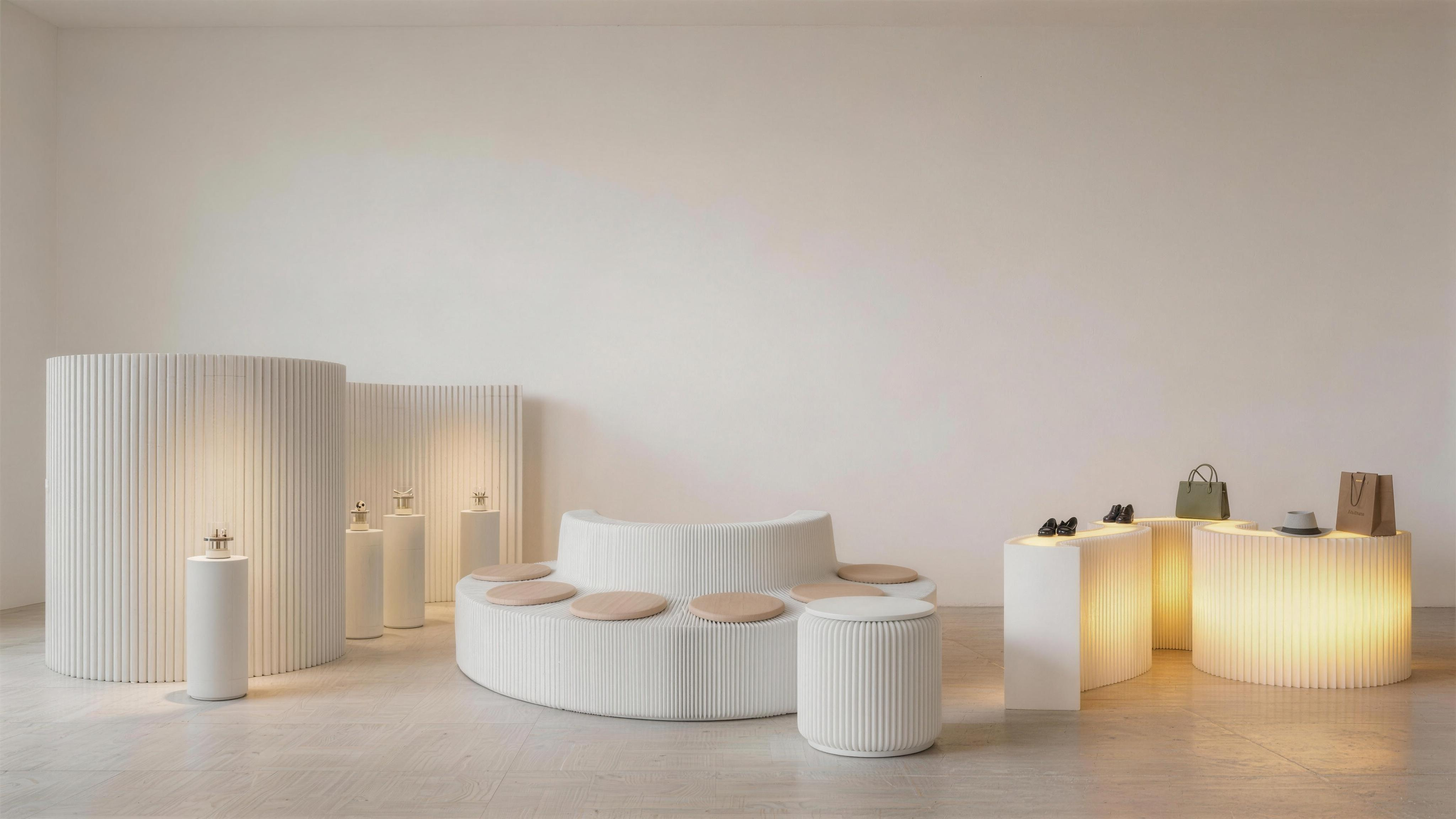 Wholesale paper furniture manufacturer showroom featuring modular white corrugated paper stools, display platforms and product showcases