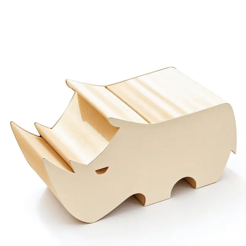 Rhino-shaped honeycomb paper kids stool in a children’s reading room with books