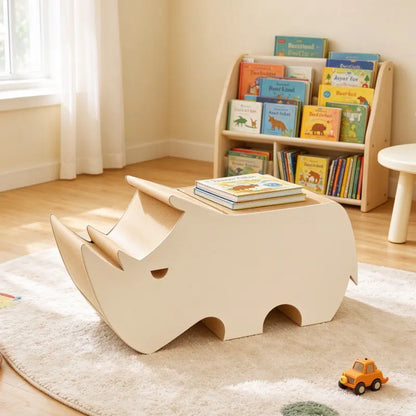 Natural ivory rhino-shaped honeycomb paper kids stool with curved seat and rounded edges
