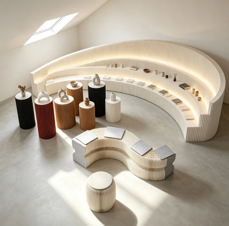 Modern interior scene featuring a curved paper display stand and serpentine paper bench in a brightly lit space.