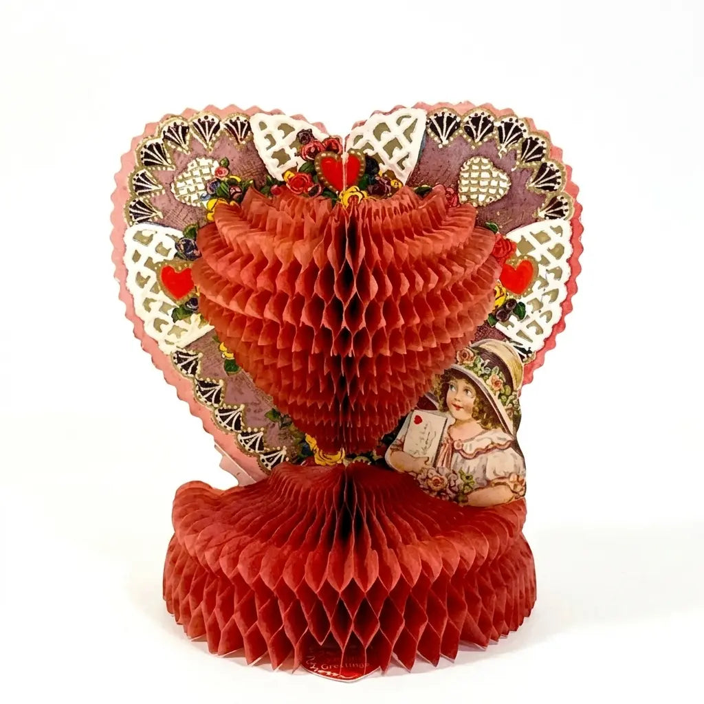Vintage Honeycomb Heart Valentine Card Display on a white background