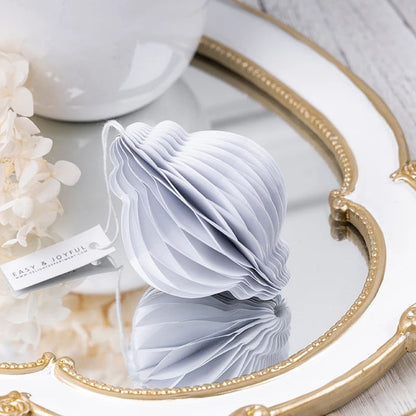 Folded White Honeycomb Paper Christmas Bauble Ornament for compact storage and shipping