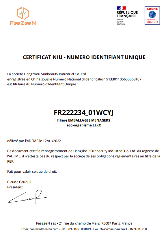 French packaging registration certificate for Paperjazz